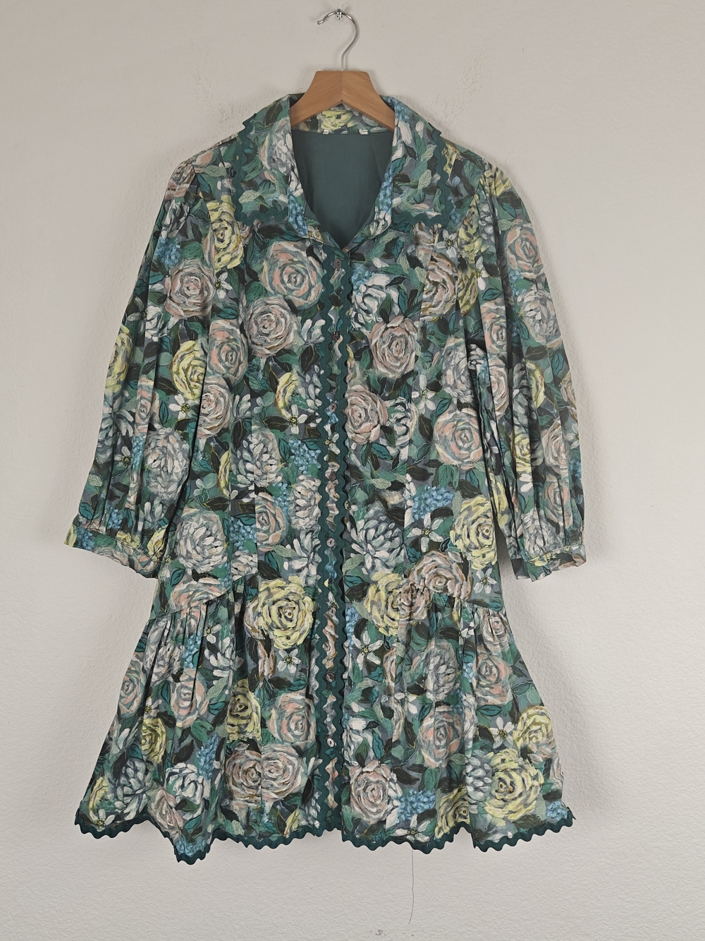 Cottagecore Green Floral Cotton Drop Waist Mini Dress Romantic Prairie Sz LG - Picture 7 of 16